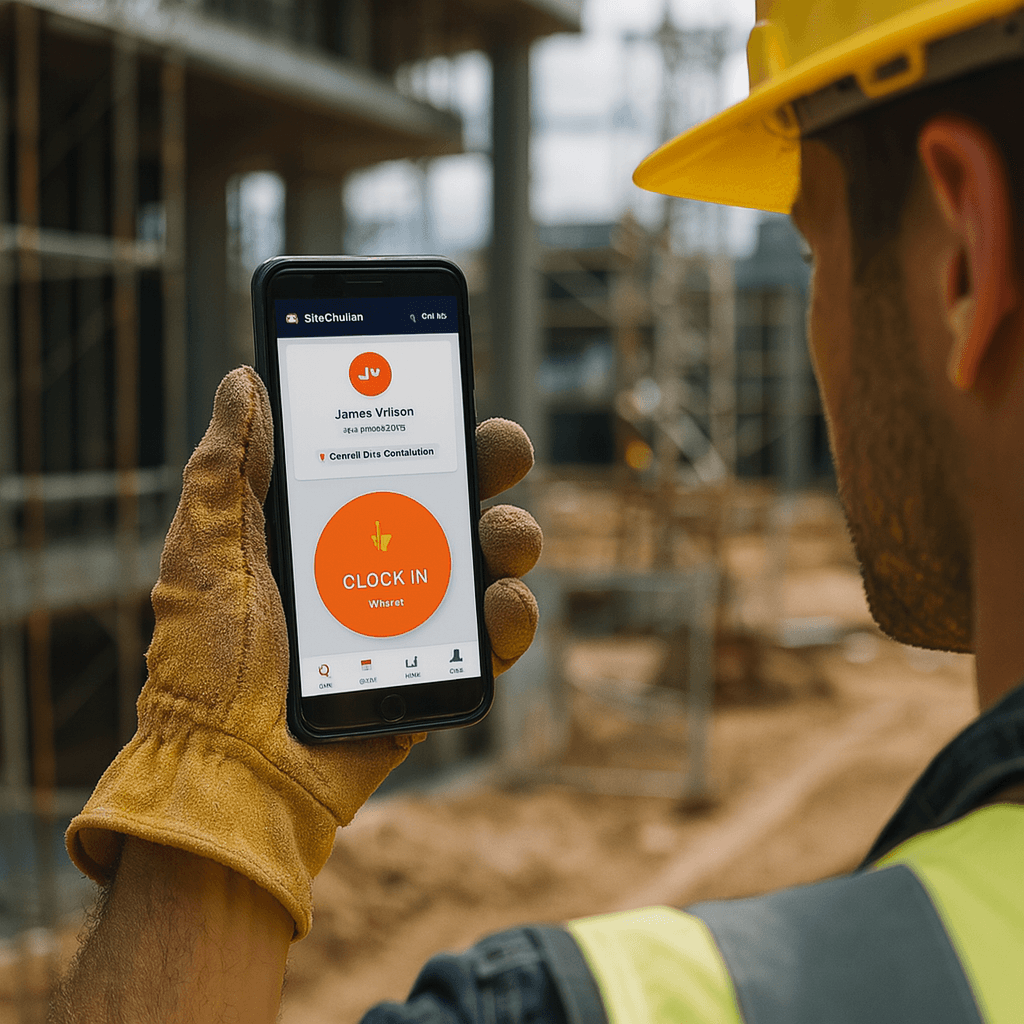 Construction worker using SiteClockIn mobile app to clock in at construction site